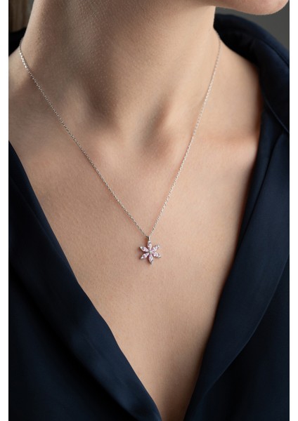 925 Ayar Gümüş Pembe Taşlı Lotus Kolye
