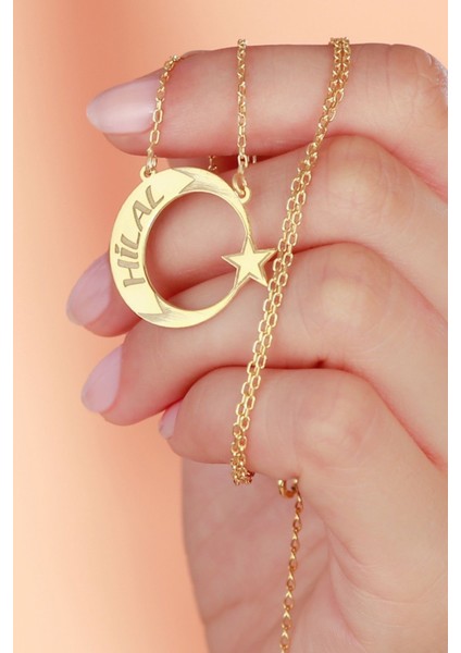 925 Ayar Gümüş Isimli Motifli Ay Yıldız Kolye