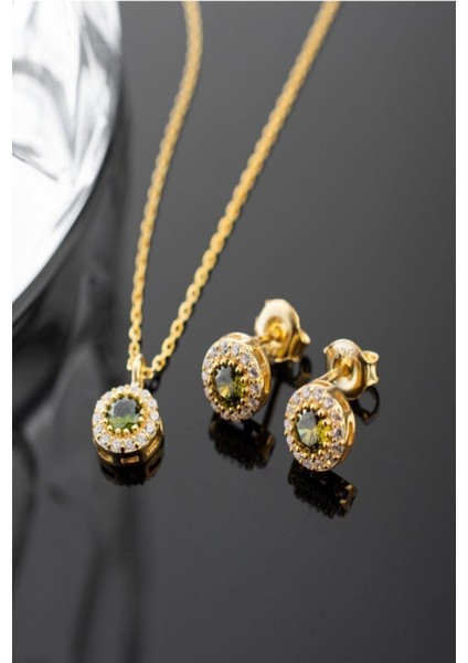 925 Ayar Gümüş Ağustos Ayı Doğum Taşı ( Peridot ) Kolye - Küpe Seti fırsatları