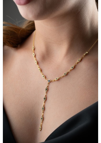 925 Ayar Gümüş Taşlı Y Zincir Göz Kolye