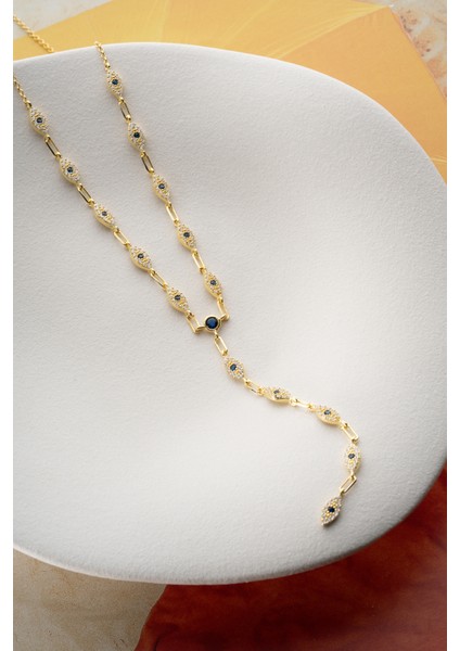 925 Ayar Gümüş Taşlı Y Zincir Göz Kolye