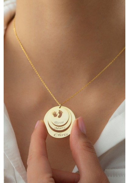 925 Ayar Gümüş Isimli Üçlü El Ayak Izli Halka Kolye