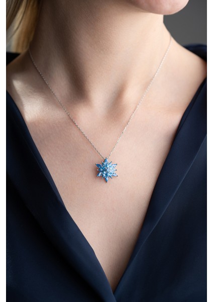 925 Ayar Gümüş Aqua Taşlı Buzlu Lotus Kolye modelleri