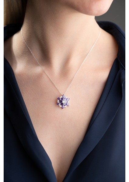 925 Ayar Gümüş Mor Oval Zirkon Taşlı Lotus