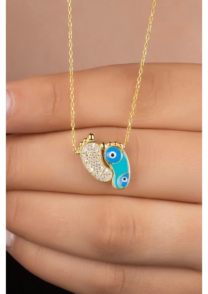 925 Ayar Gold Zirkon Taşli Nazarlı Ayak Gümüş Kolye fiyatları