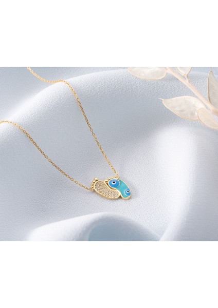 925 Ayar Gold Zirkon Taşli Nazarlı Ayak Gümüş Kolye indirimleri