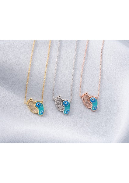 925 Ayar Gold Zirkon Taşli Nazarlı Ayak Gümüş Kolye