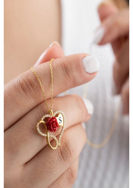 925 Ayar Gümüş Kişiye Özel Harfli Kalpli Gül Kolye