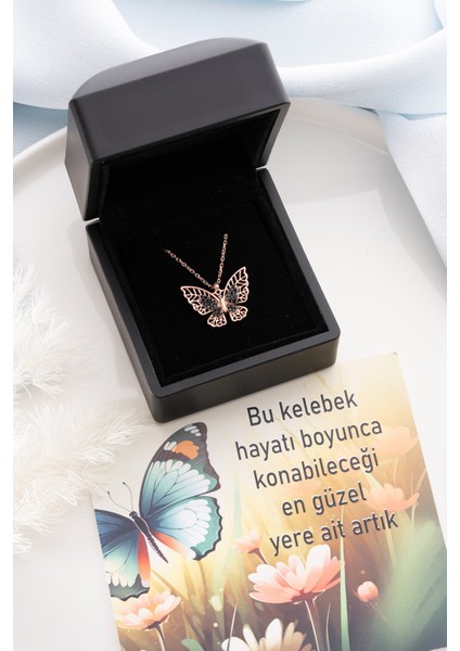 925 Ayar Gümüş Siyah Taşlı Kelebek Kolye fiyatları