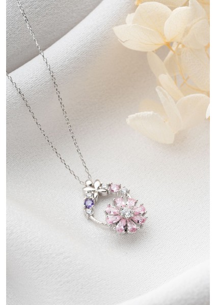 925 Ayar Gümüş Pembe Çiçekli Dönen Kolye