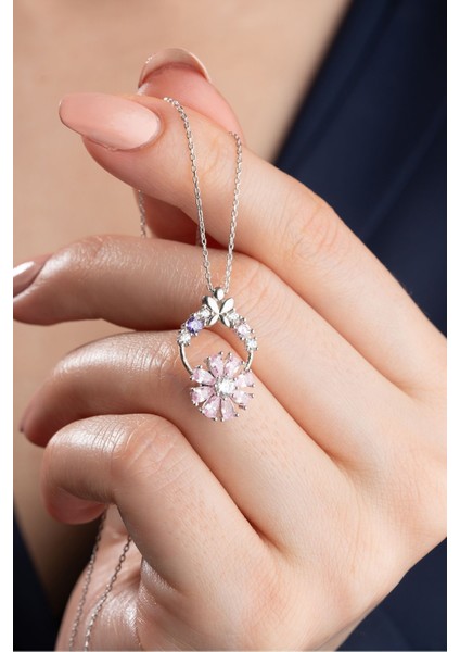 925 Ayar Gümüş Pembe Çiçekli Dönen Kolye fiyatları