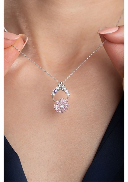 925 Ayar Gümüş Pembe Çiçekli Dönen Kolye modelleri