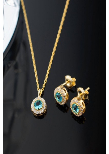 925 Ayar Gümüş Aralık Ayı Doğum Taşı ( Blue Topaz ) Kolye - Küpe Seti fiyatları