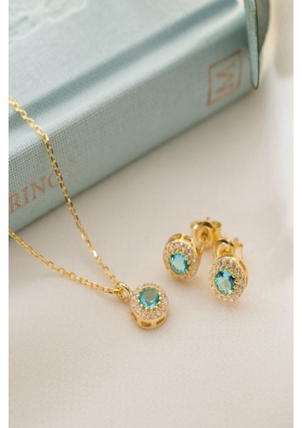 925 Ayar Gümüş Aralık Ayı Doğum Taşı ( Blue Topaz ) Kolye - Küpe Seti modelleri