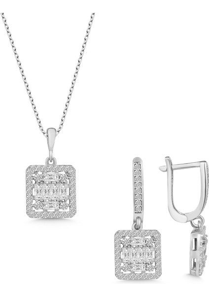 925 Ayar Gümüş Baget Taşlı Kolye Küpe Seti