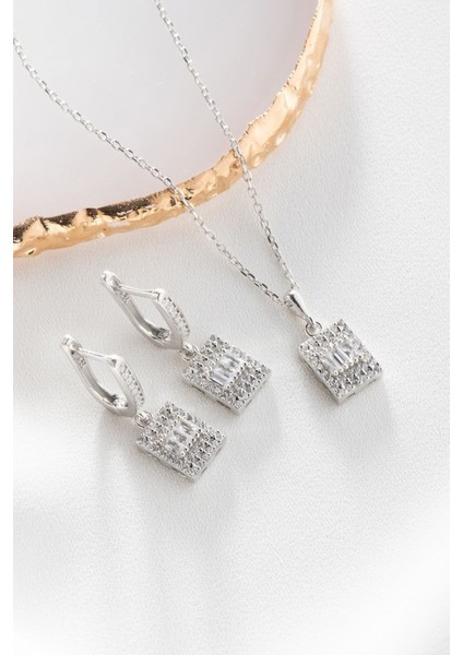 925 Ayar Gümüş Baget Taşlı Kolye Küpe Seti fiyatları