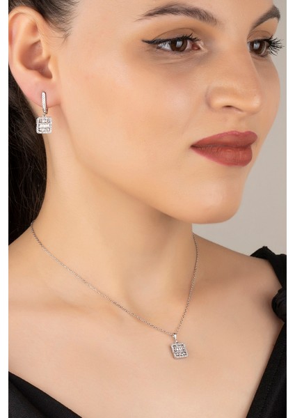 925 Ayar Gümüş Baget Taşlı Kolye Küpe Seti modelleri