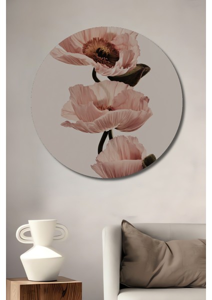 Dekoratif Ahşap Yuvarlak Tablo Pembe Gelincik Çiçekleri