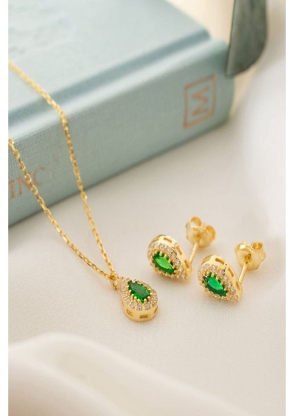 925 Ayar Gümüş Mayıs Ayı Doğum Taşı ( Emerald ) Kolye - Küpe Seti fiyatları