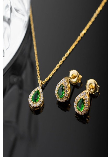 925 Ayar Gümüş Mayıs Ayı Doğum Taşı ( Emerald ) Kolye - Küpe Seti fırsatları