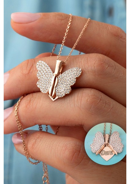 925 Ayar Gümüş Isimli Açılan Kelebek Kolye ( Rose )