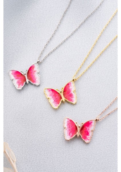 925 Ayar Gold Mineli Pembe Kelebek Gümüş Kolye fiyatları