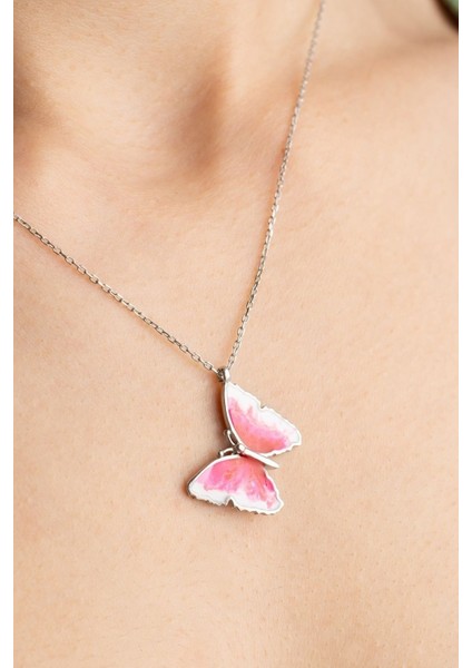 925 Ayar Gold Mineli Pembe Kelebek Gümüş Kolye fırsatları