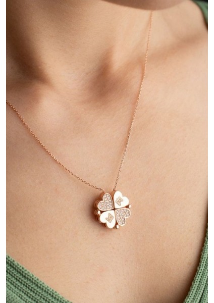 925 Ayar Gümüş Mıknatıslı Ayrılabilir 4 Kalpli Yonca Kolye indirimleri