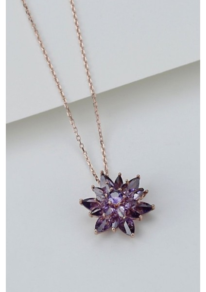 925 Ayar Gümüş 4 Katman Mor Lotus Çiçeği Kolye