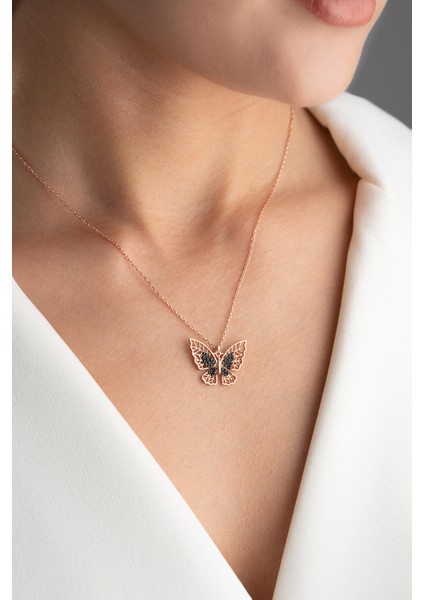 925 Ayar Gümüş Siyah Taşlı Kelebek Kolye modelleri