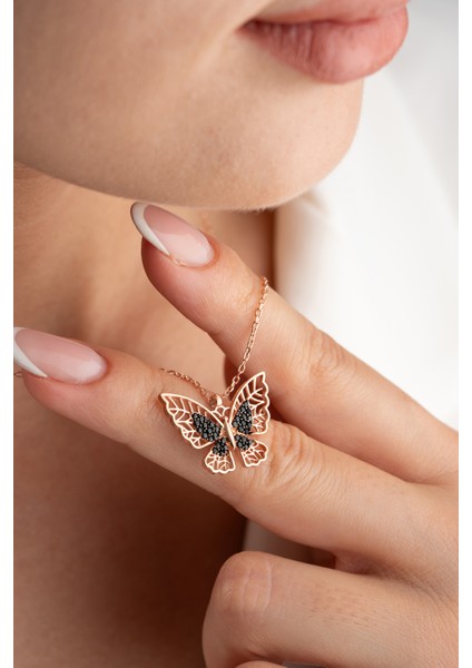 925 Ayar Gümüş Siyah Taşlı Kelebek Kolye fırsatları