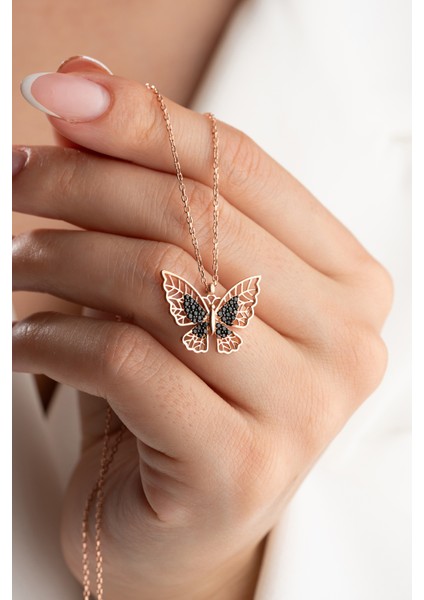 925 Ayar Gümüş Siyah Taşlı Kelebek Kolye indirimleri