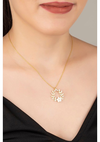 925 Ayar Gümüş Gold Sedefli Çiçek Kolye