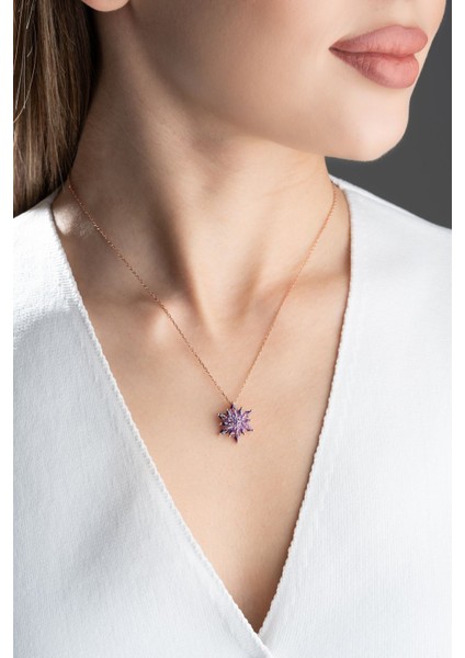 925 Ayar Gümüş Işıklı Kutuda Buzlu Mor Lotus Çiçeği Kolye modelleri