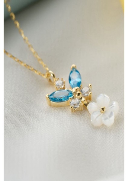 925 Ayar Gold Sedefli Gül Mavi Taşlı Kelebek Gümüş Kolye