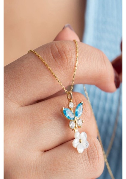 925 Ayar Gold Sedefli Gül Mavi Taşlı Kelebek Gümüş Kolye fiyatları