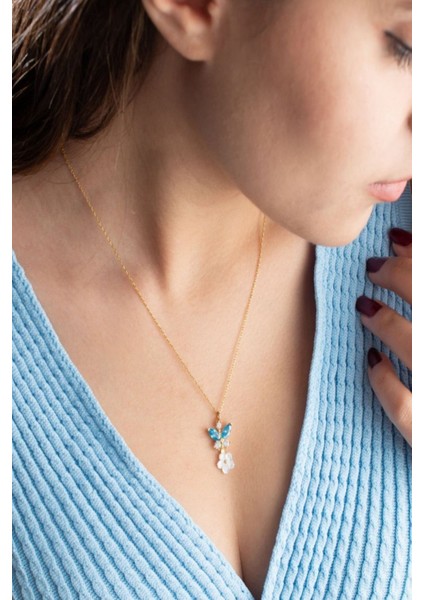 925 Ayar Gold Sedefli Gül Mavi Taşlı Kelebek Gümüş Kolye modelleri