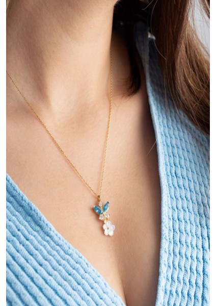 925 Ayar Gold Sedefli Gül Mavi Taşlı Kelebek Gümüş Kolye fırsatları