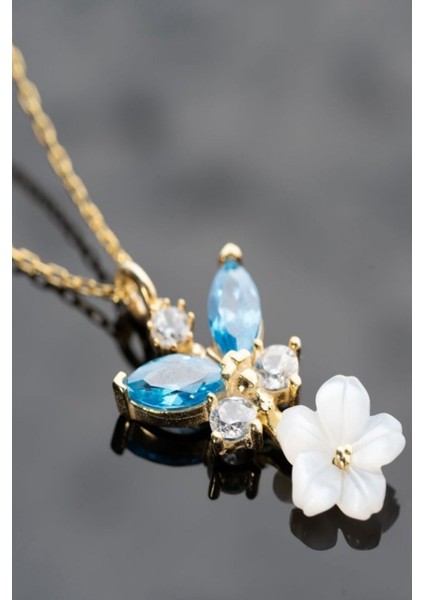 925 Ayar Gold Sedefli Gül Mavi Taşlı Kelebek Gümüş Kolye indirimleri