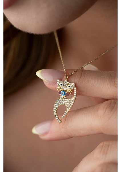 925 Ayar Gümüş Zirkon Taşlı Kedi Kolye