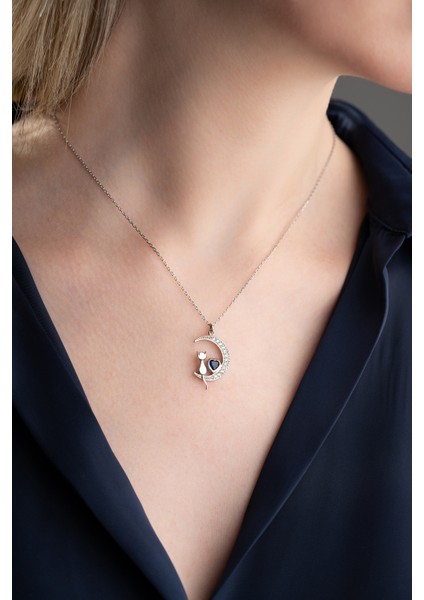 925 Ayar Gümüş Pembe Taşlı Kedi Kolye