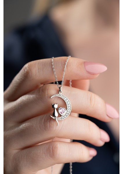 925 Ayar Gümüş Pembe Taşlı Kedi Kolye fiyatları