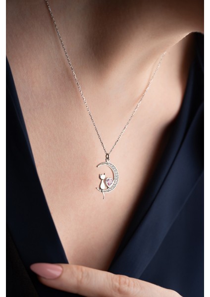 925 Ayar Gümüş Pembe Taşlı Kedi Kolye modelleri