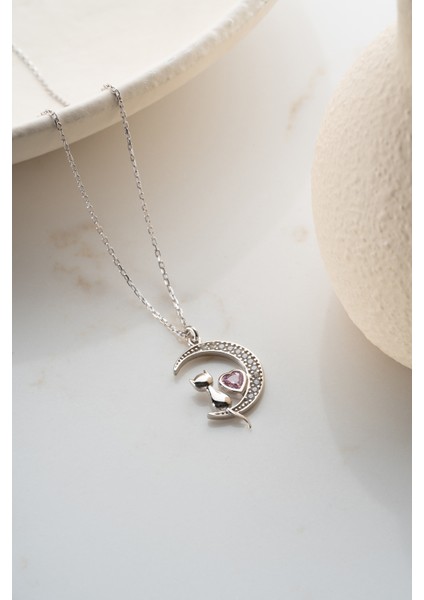 925 Ayar Gümüş Pembe Taşlı Kedi Kolye indirimleri