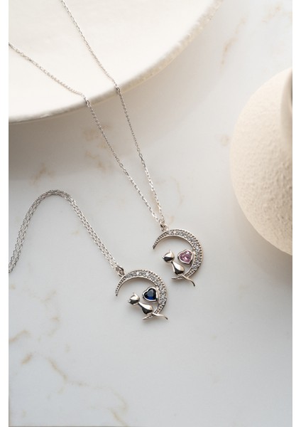 925 Ayar Gümüş Pembe Taşlı Kedi Kolye