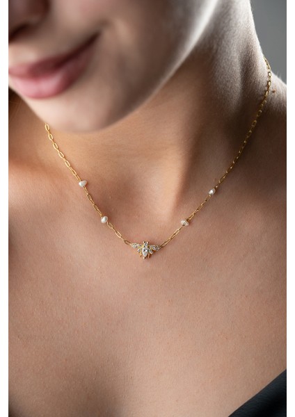 925 Ayar Gümüş Incili Arı Kolye