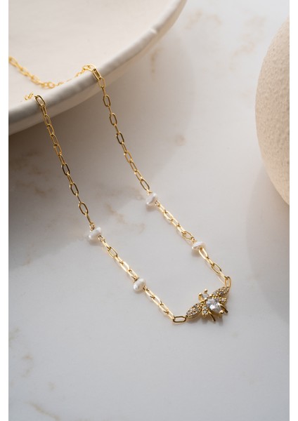 925 Ayar Gümüş Incili Arı Kolye