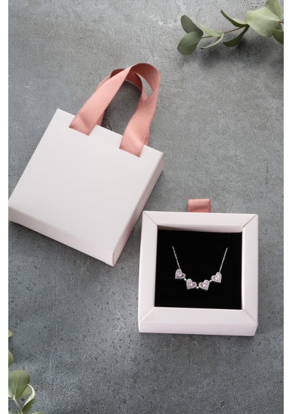 925 Ayar Gümüş Mıknatıslı Kutulu Pembe Taşlı Kolye