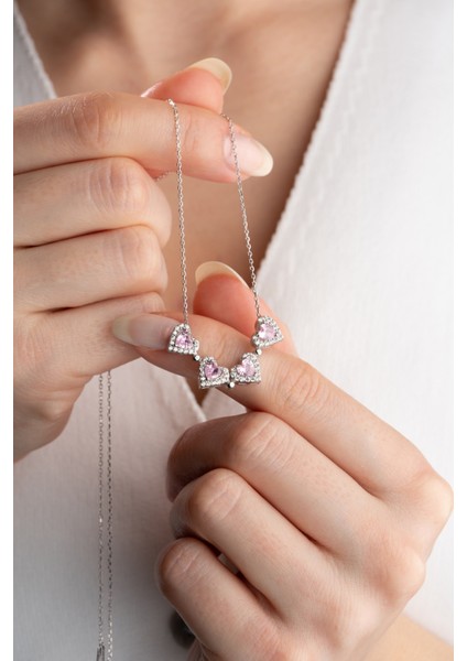 925 Ayar Gümüş Mıknatıslı Kutulu Pembe Taşlı Kolye modelleri