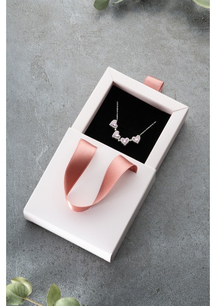 925 Ayar Gümüş Mıknatıslı Kutulu Pembe Taşlı Kolye